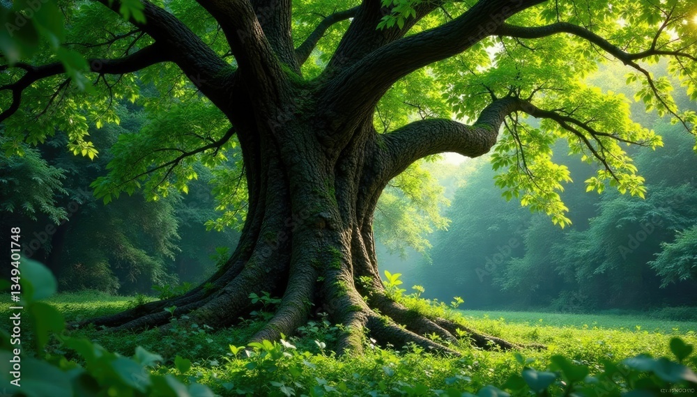 Dense foliage surrounds ancient tree, nature's majesty, trunk, greenery