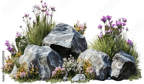 Heavy rocks, grassy flowery decoration, vector illustration, nature elements, isolated on transparent background, PNG, landscape, floral, stone arrangement, outdoor decor, grass field