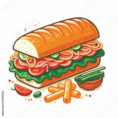 bread, baguette, meal, meat, fresh, food, background, cucumber, carrot, lunch, cuisine, coriander, sandwich, asian, traditional, vietnamese, pork, vietnam, sliced, closeup, cilantro, vegetable, street