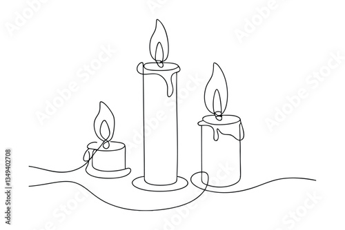 Three Lit Candles in a Single Line Drawing Art