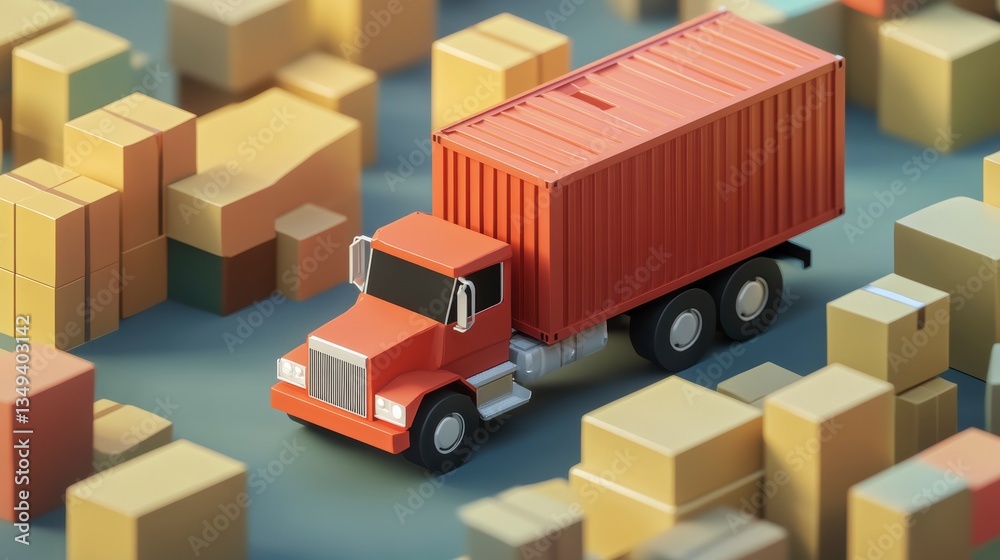 Red truck with cargo container navigating a maze of cardboard boxes. Red truck with cargo container navigating a maze of cardboard boxes.