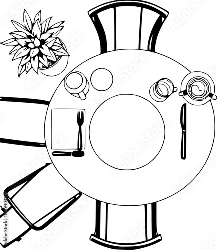 Top-down shot of a café table setup in monochrome black and white minimalistic illustration design