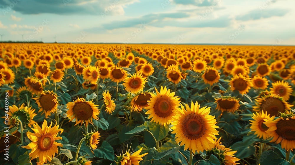 Obraz premium Ukrainian sunflower farm where high tech GPS guided harvesters efficiently process endless rows of ripe sunflowers maximizing productivity for one of the world's top sunflower oil producers