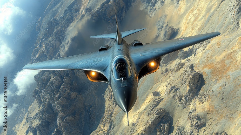 Fototapeta premium Sleek fighter jet soaring above dramatic, mountainous terrain