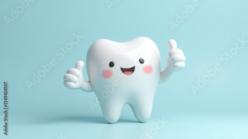 cheerful cartoon tooth character with thumbs up, promoting dental health and hygiene