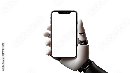Robot hand holding a bezel-less smartphone with a blank white screen. Transparent background.
