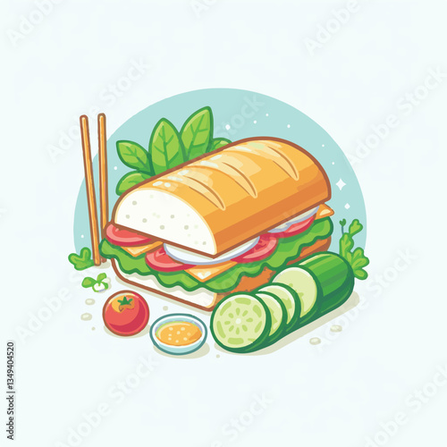 bread, baguette, meal, meat, fresh, food, background, cucumber, carrot, lunch, cuisine, coriander, sandwich, asian, traditional, vietnamese, pork, vietnam, sliced, closeup, cilantro, vegetable, street