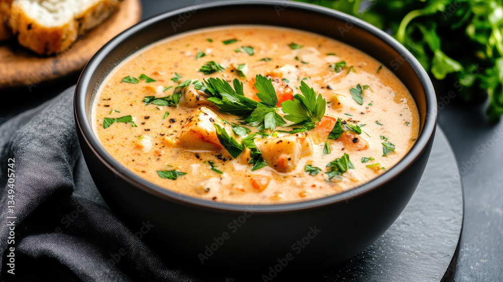 Creamy seafood bisque garnished with fresh herbs, served in black bowl Creamy seafood bisque garnished with fresh herbs, served in black bowl