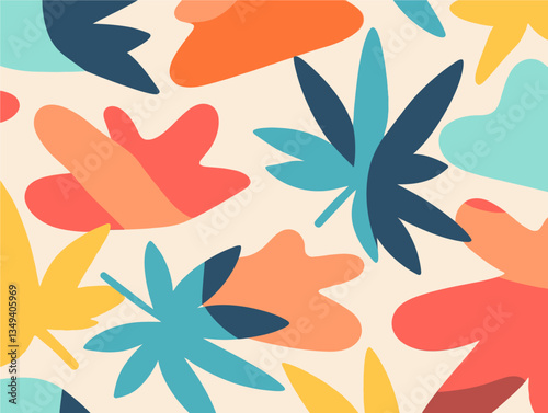 A vibrant and playful abstract pattern featuring stylized leaves and organic shapes in a cheerful color palette.