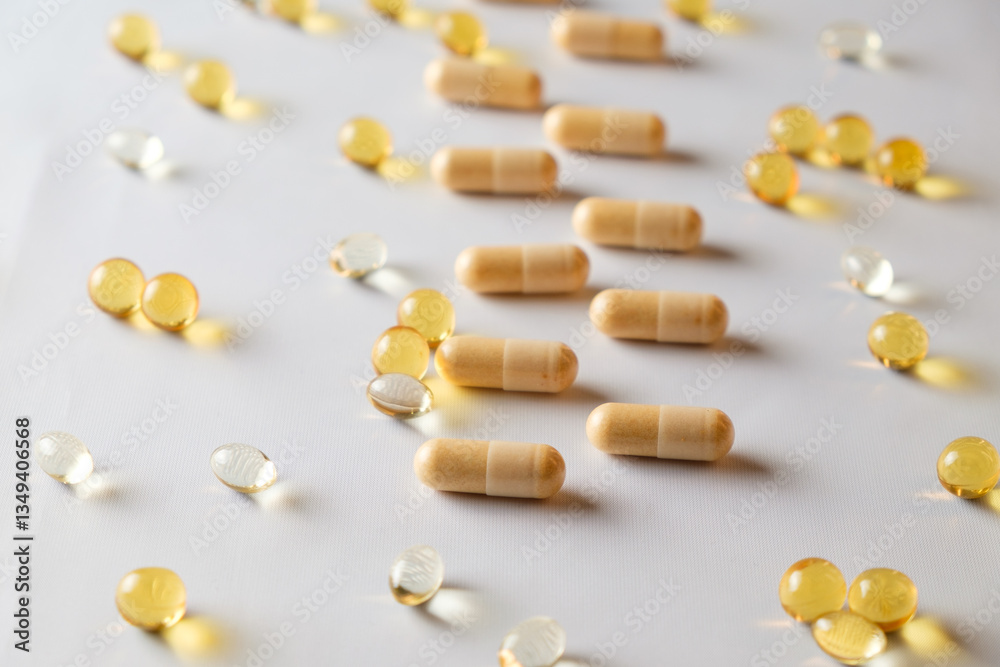 Exploring wellness with vibrant capsules and soft gels on a bright surface Exploring wellness with vibrant capsules and soft gels on a bright surface