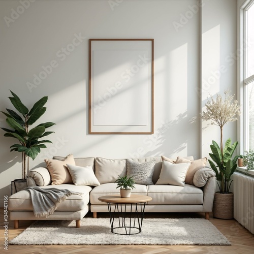 A modern, minimalist living room with a beige sectional sofa, cozy pillows, a round wooden coffee table, and indoor plants. Sunlight streams through large windows, creating a warm and inviting ambianc