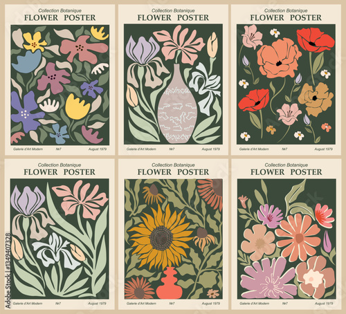 Set of abstract Flower Market posters. Trendy botanical wall arts with floral design in danish pastel colors. Modern naive groovy funky interior decorations, paintings. Vector art illustration