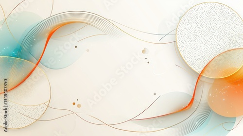 Abstract art design, flowing lines, circles, and dots on beige background.  Possible use wallpaper, backdrop, cover photo