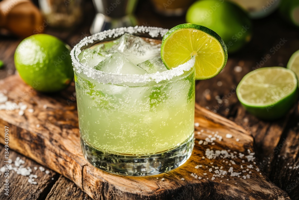 Fototapeta premium A refreshing margarita cocktail garnished with a lime wedge, salt rim, and served in a chilled glass on a rustic wooden bar top