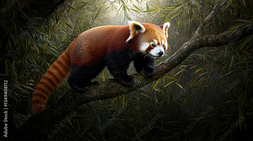 Naklejka premium Red Panda On Branch In Forest Scene