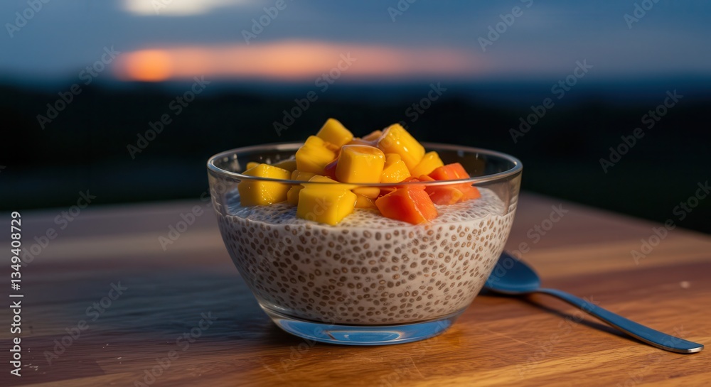 Preparing Chia Pudding Bowl with Mango and Papaya for Breakfast Preparing Chia Pudding Bowl with Mango and Papaya for Breakfast