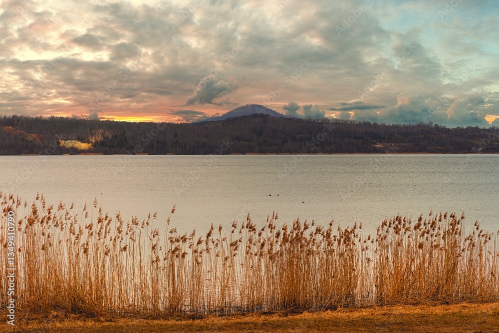 Sunset on the Landkrone mountain above Lake Berzdorf