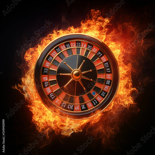 Casino roulette wheel in fire isolation on dark background, Illustration