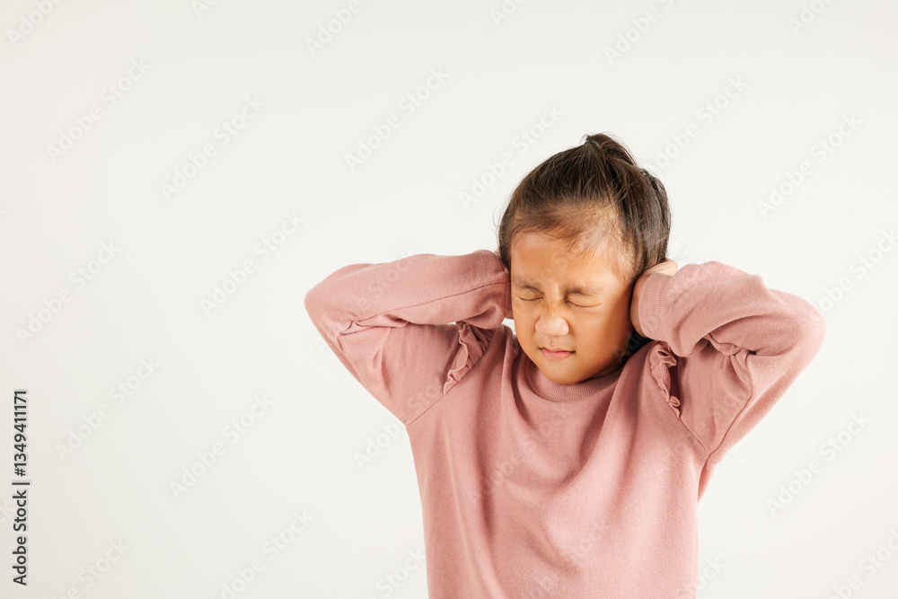 Asian young kid girl closed ears with hand palm and close eyes, studio shot isolated on white background, portrait kindergarten child covers ears from music loud noise with copy space, Deaf concept Asian young kid girl closed ears with hand palm and close eyes, studio shot isolated on white background, portrait kindergarten child covers ears from music loud noise with copy space, Deaf concept