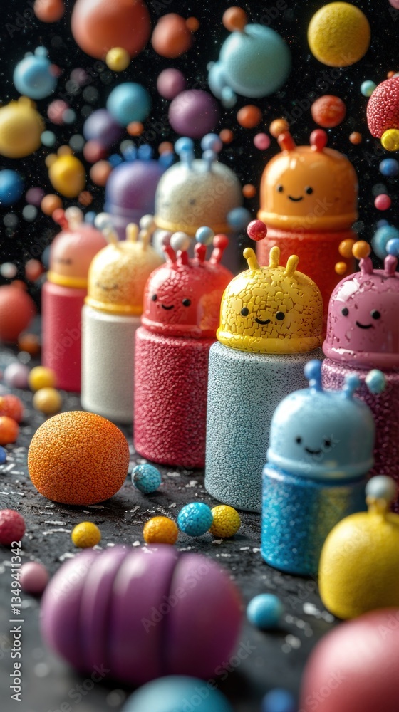 Colorful, cute robots and spheres in a whimsical cosmic scene Colorful, cute robots and spheres in a whimsical cosmic scene