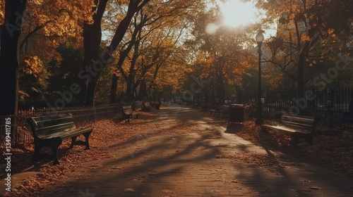 Golden Pathway: Serene Autumn Ambiance in Central Park, New York City