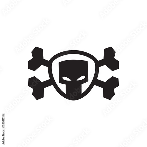 Cartooon doodle fighting skull label, emblem and logo template. Symbol of poison and danger. Pirate flag attribute