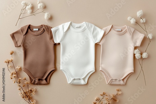 Baby onesie set on a beige background. Fashion newborn clothes. Flat lay, top view. Baby kids soft clothing made from organic cotton. Infant trendy bodysuit natural colors, earth tones. Gender neutral