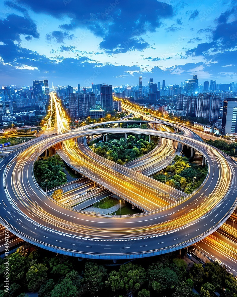 Naklejka premium A stunning aerial view of a city highway at dusk, showcasing intricate road designs and vibrant city lights.