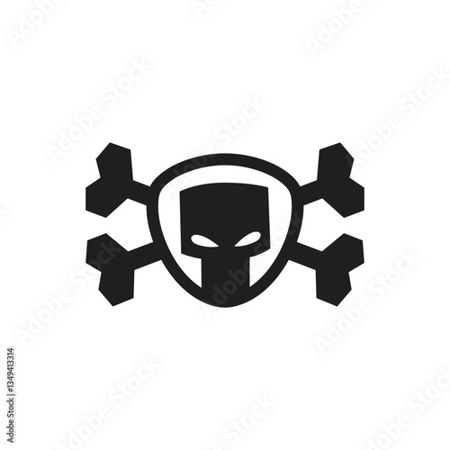 Cartooon doodle fighting skull label, emblem and logo template. Symbol of poison and danger. Pirate flag attribute