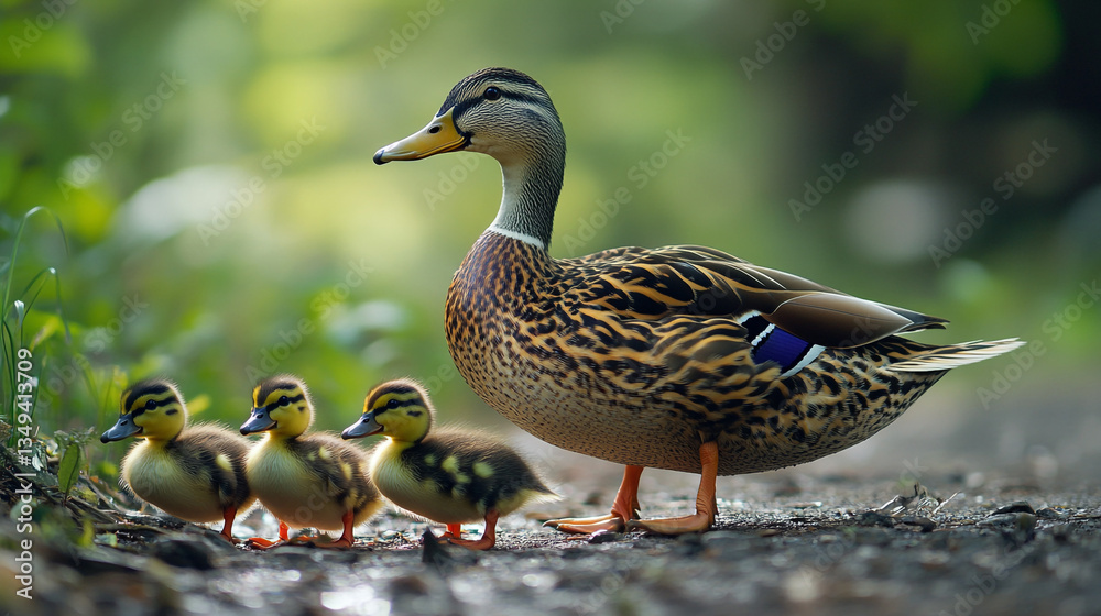 Obraz premium A mallard duck with three ducklings walking in a row on a path in a green natural setting