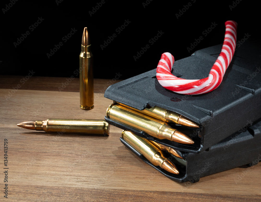 Candy cane on top of assault rifle magazines