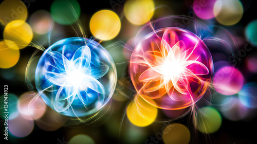 Dynamic visual representation of three colorful lights interacting to illustrate the pauli exclusion principle and electron behavior in quantum mechanics.