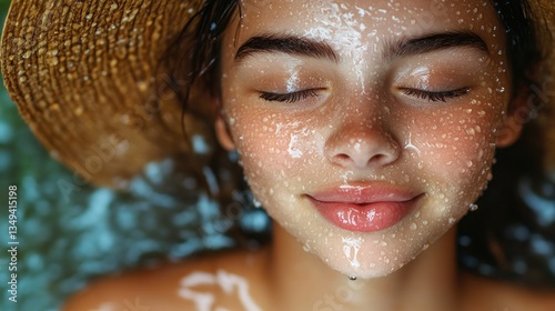 Close-up of a serene woman's face, wet with water droplets, eyes closed, wearing a straw hat