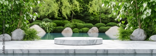 A marble podium wrapped in soft vines, placed on the right side of a mystical Japanese garden.