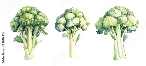 cauliflower cabbage broccoli Watercolor painted collection of vegetables. Fresh colorful veggies vector illustration