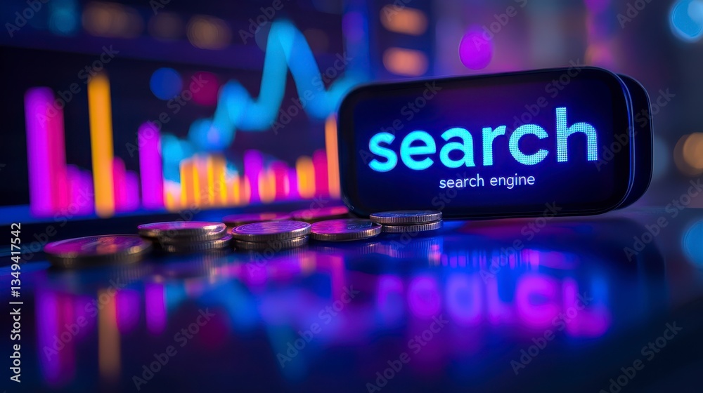 Neon Search Device on Dark Surface with Financial Graphs and Coins Neon Search Device on Dark Surface with Financial Graphs and Coins