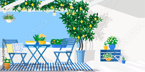 Blue garden furniture on the balcony with pots of flowers and a lemon tree. Vector flat illustration.