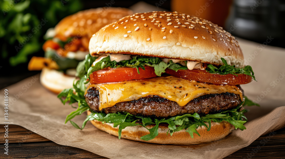 Juicy cheeseburger with melted cheese, fresh lettuce, and tomato on sesame seed bun Juicy cheeseburger with melted cheese, fresh lettuce, and tomato on sesame seed bun