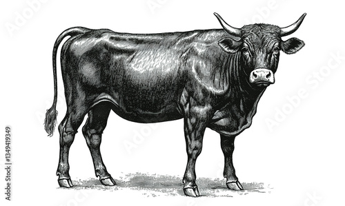 Cow, bull, farm. Vintage retro print, black white cow sketch ink pencil style drawing, engrave old school. Sketch artwork silhouette farm cow, white background. Side view profile. Illustration