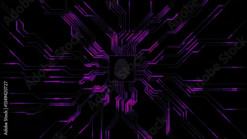 A Purple Security Fingure Print on a Spiral Glowing Circuit Board Technology Background - Loopable Technology Animation Background
