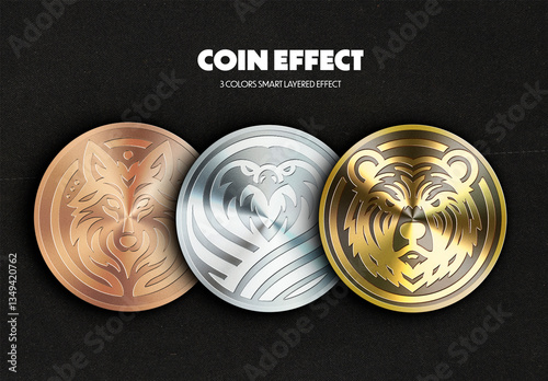 Coin or token template. Bronze, silver, gold. Generative ai example images included