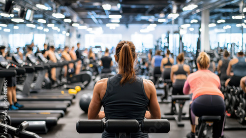 busy gym scene with individuals engaged in various workouts, showcasing determination and focus