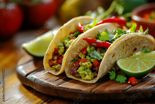 Wallpaper Mural A mouthwatering Mexican taco with fresh guacamole, lime, and chili on a rustic plate. Vibrant colors and rich textures make it a perfect image for festive and culinary themes Torontodigital.ca