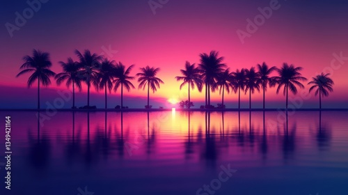 Tropical Sunset Reflection with Palm Trees Silhouetted on Calm Water Edge