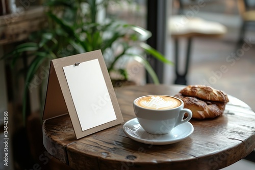 Cozy cafe table tent mockup with coffee and pastry for menu display
