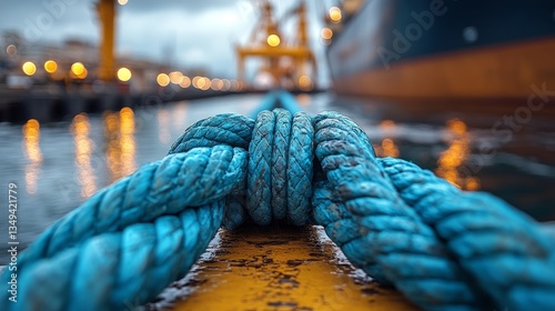 Thick blue rope rests on the dock, glistening with moisture as vessels await departure in a vibrant harbor setting