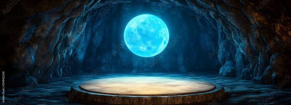 A podium shaped from luminous moonstone, glowing softly on the right in a mystical cave.