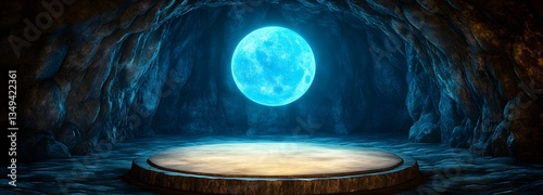 Obraz na płótnie A podium shaped from luminous moonstone, glowing softly on the right in a mystical cave. w salonie