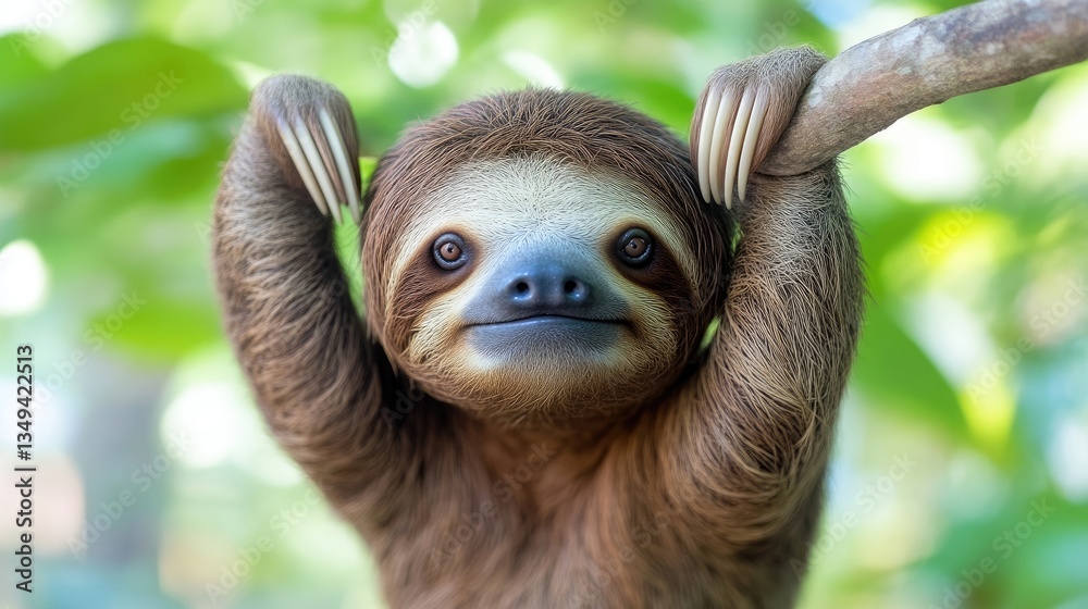Fototapeta premium Cute baby sloth hanging from branch