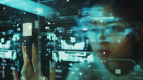 Wallpaper Mural Young software engineer wearing glasses is analyzing holographic big data using a futuristic interface, touching a transparent screen with data visualized as a hologram Torontodigital.ca